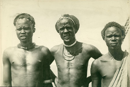 Portrait of three Shilluk men