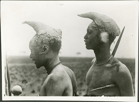 Nuer men with stylised hair