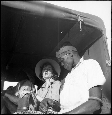 Jean Buxton with Mandari men in jeep