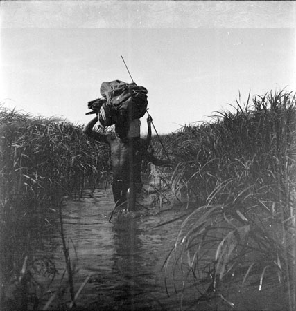 Nuer porters in river channel