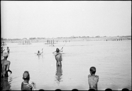 Nuer men hunting hippo