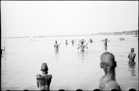 Nuer men hunting hippo