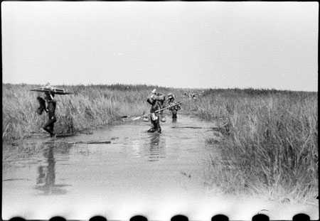 Nuer porters in stream